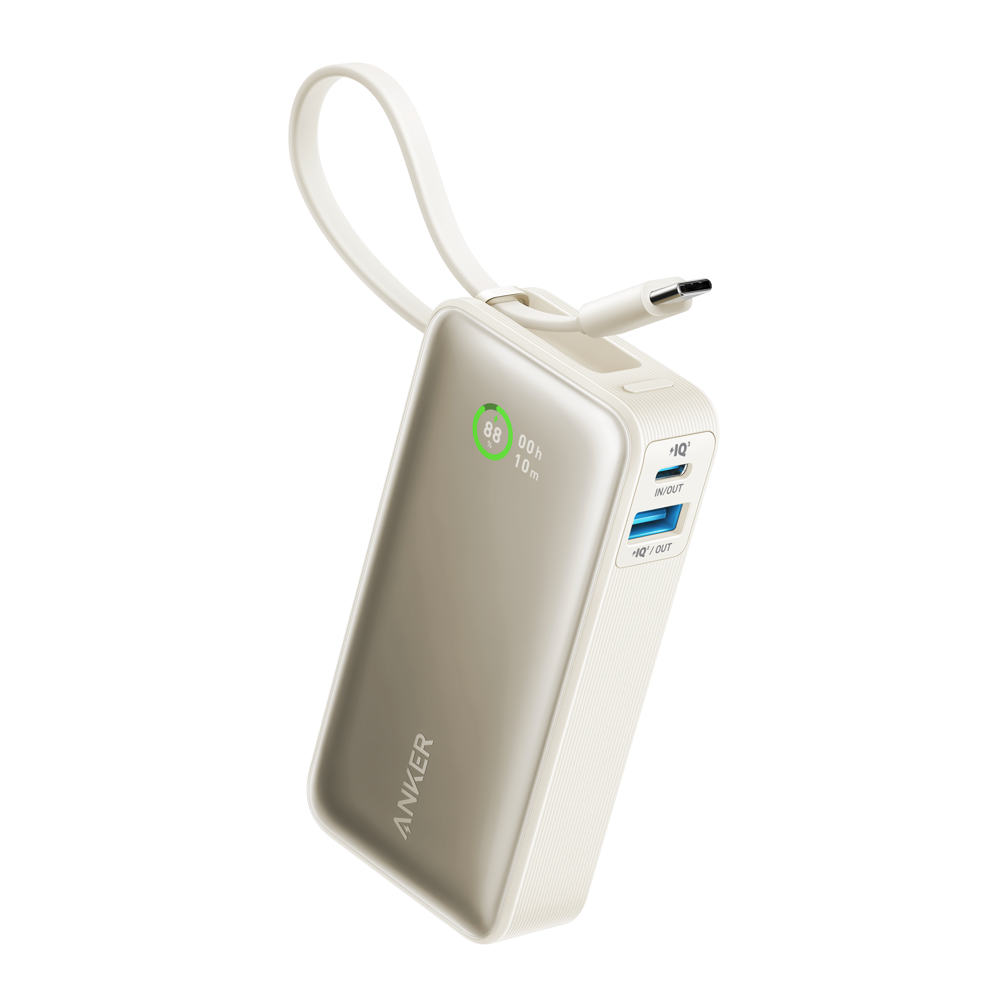 Anker portable charger with built-in cable and digital percentage display
