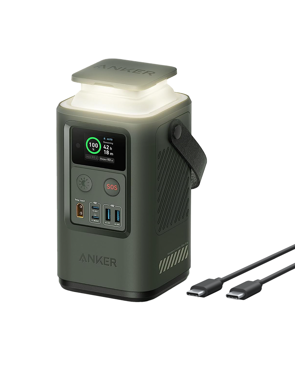 AnkerSOLlIX for portable power station with lamp and dual USB-C cables.