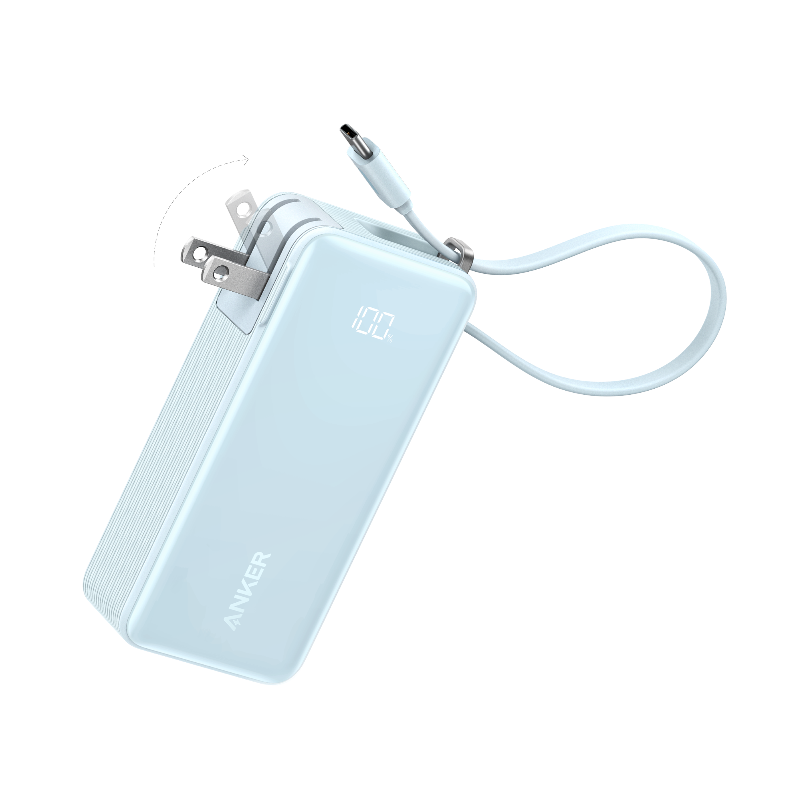 Anker Power Bank (10K, Fusion, Built-In Cable) I6 Built-In USB-C Cable / Ice Lake Blue