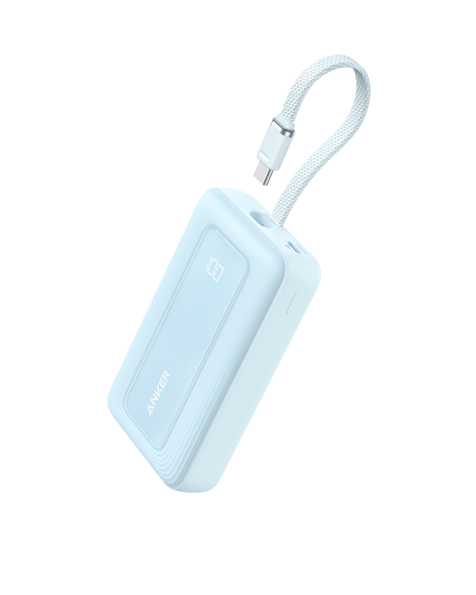 Anker Zolo Power Bank (10K, 30W) with a 5.4-inch (13.7 cm) built-in USB-C cable. N0 Misty Blue