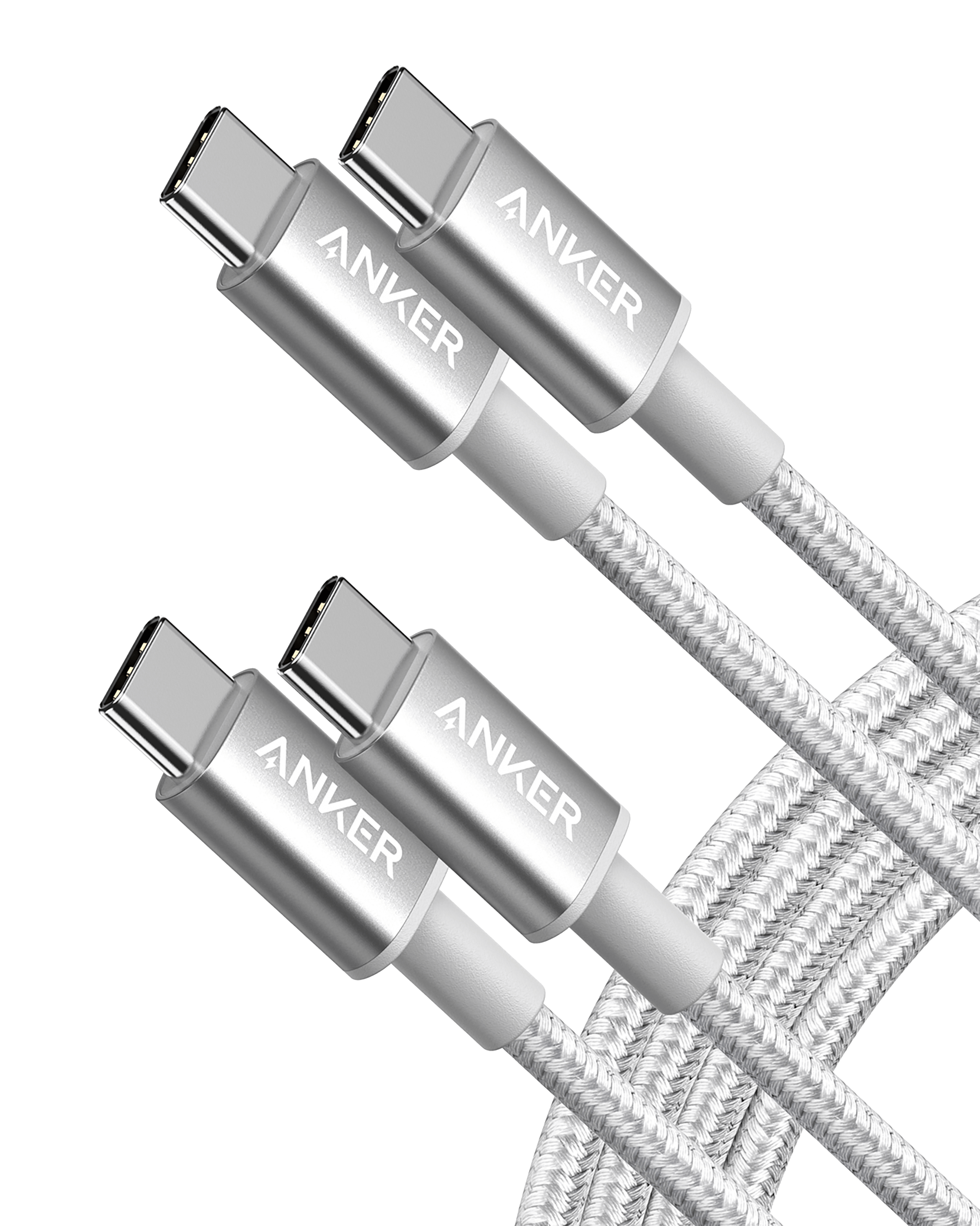 2-Pack Anker New Nylon USB-C to USB-C Cable (3 ft / 6 ft, 60W) L0 Silver / 6ft