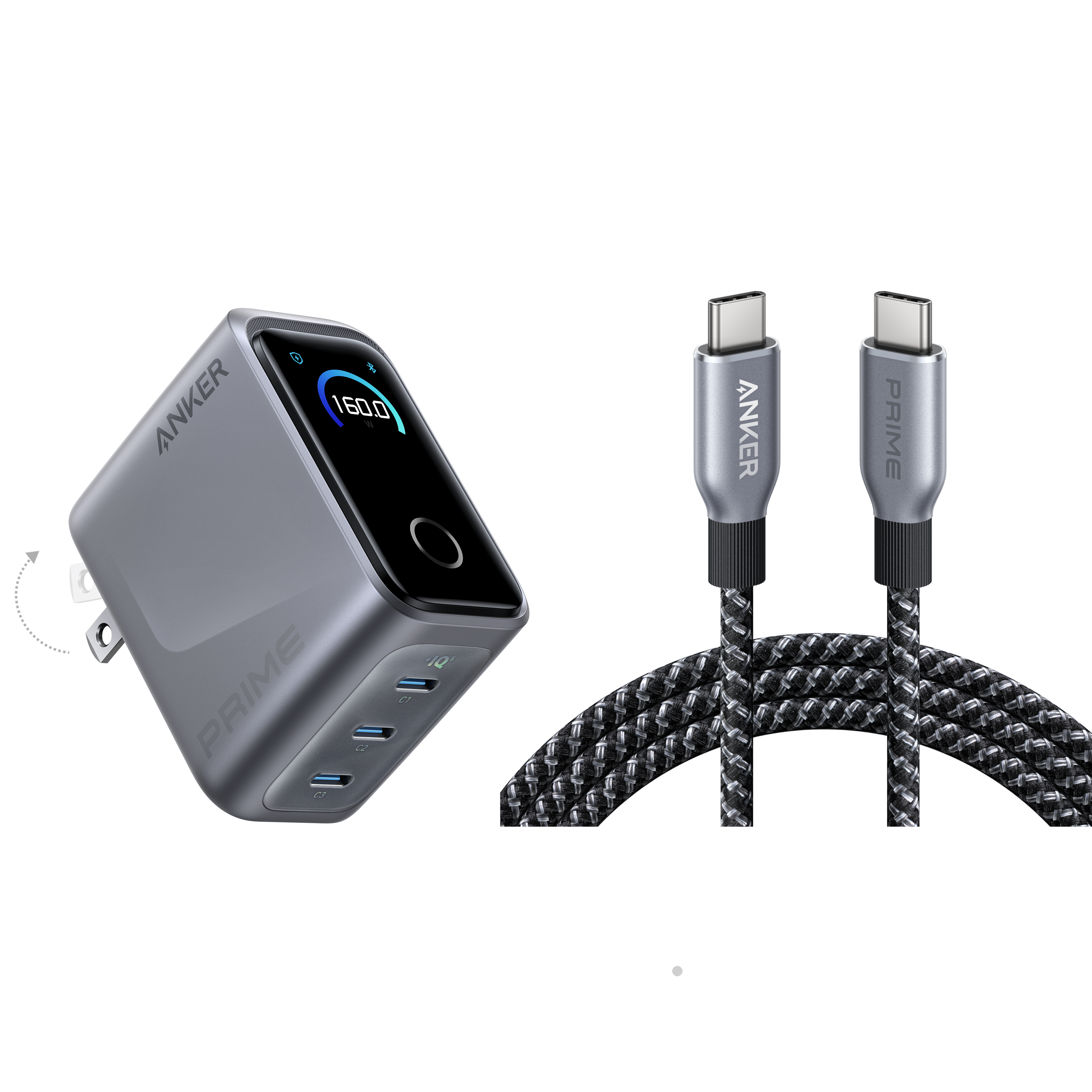 Anker Prime Charger (160W, 3 Ports, Smart Display) with Anker Prime USB-C to USB-C Cable (240W, Upcycled-Braided) M0 Charger with 6 ft Cable