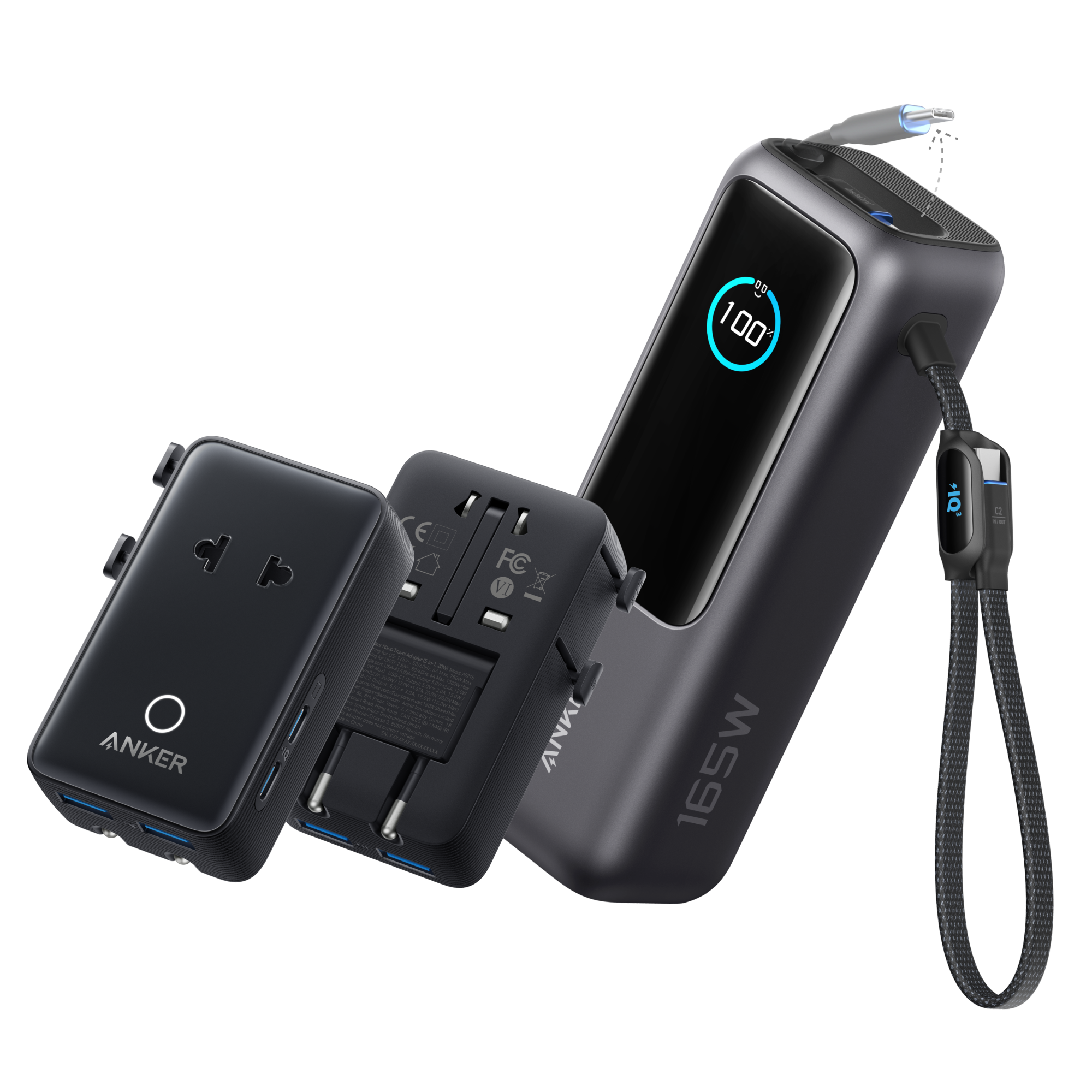 Anker Laptop Power Bank (25K, 165W, Built-In and Retractable Cables) U9 Space Black / Power Bank + Travel Adapter