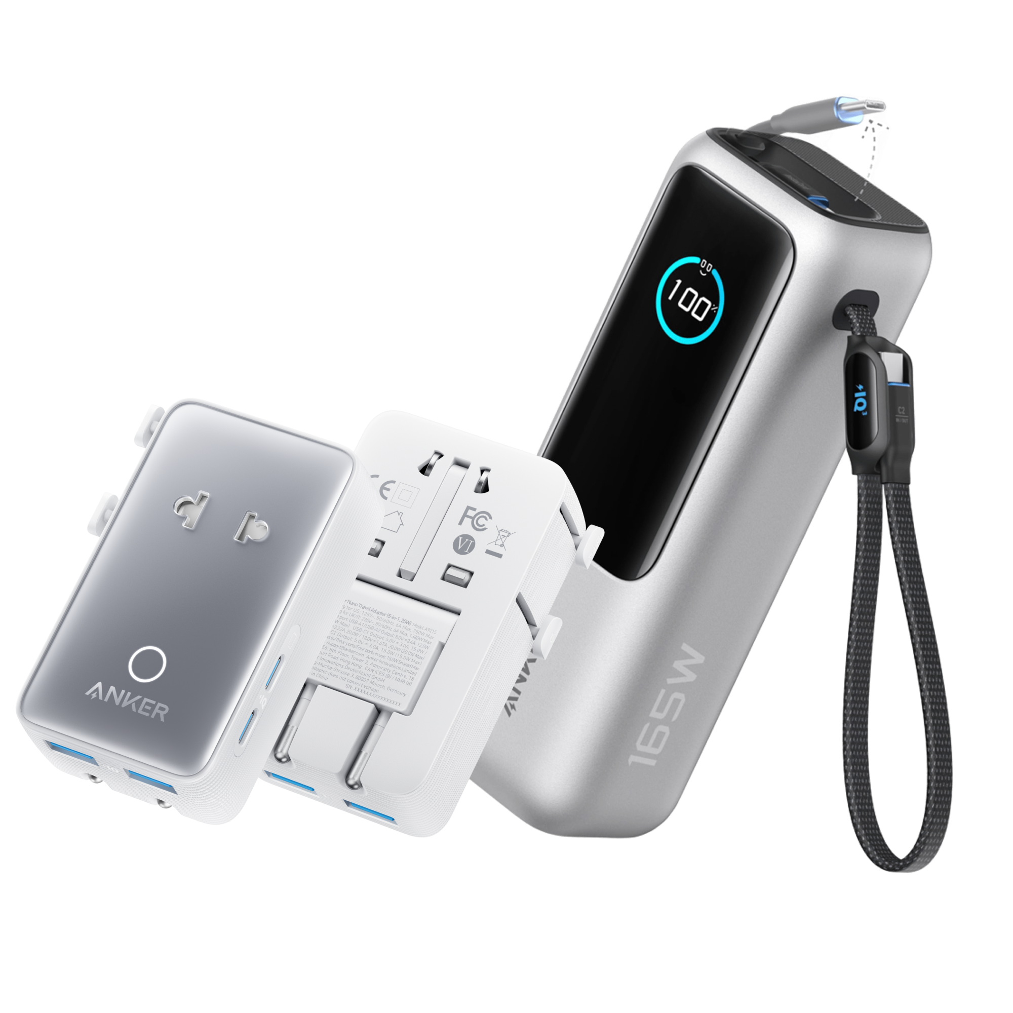 Anker Laptop Power Bank (25K, 165W, Built-In and Retractable Cables) U9 Silver / Power Bank + Travel Adapter