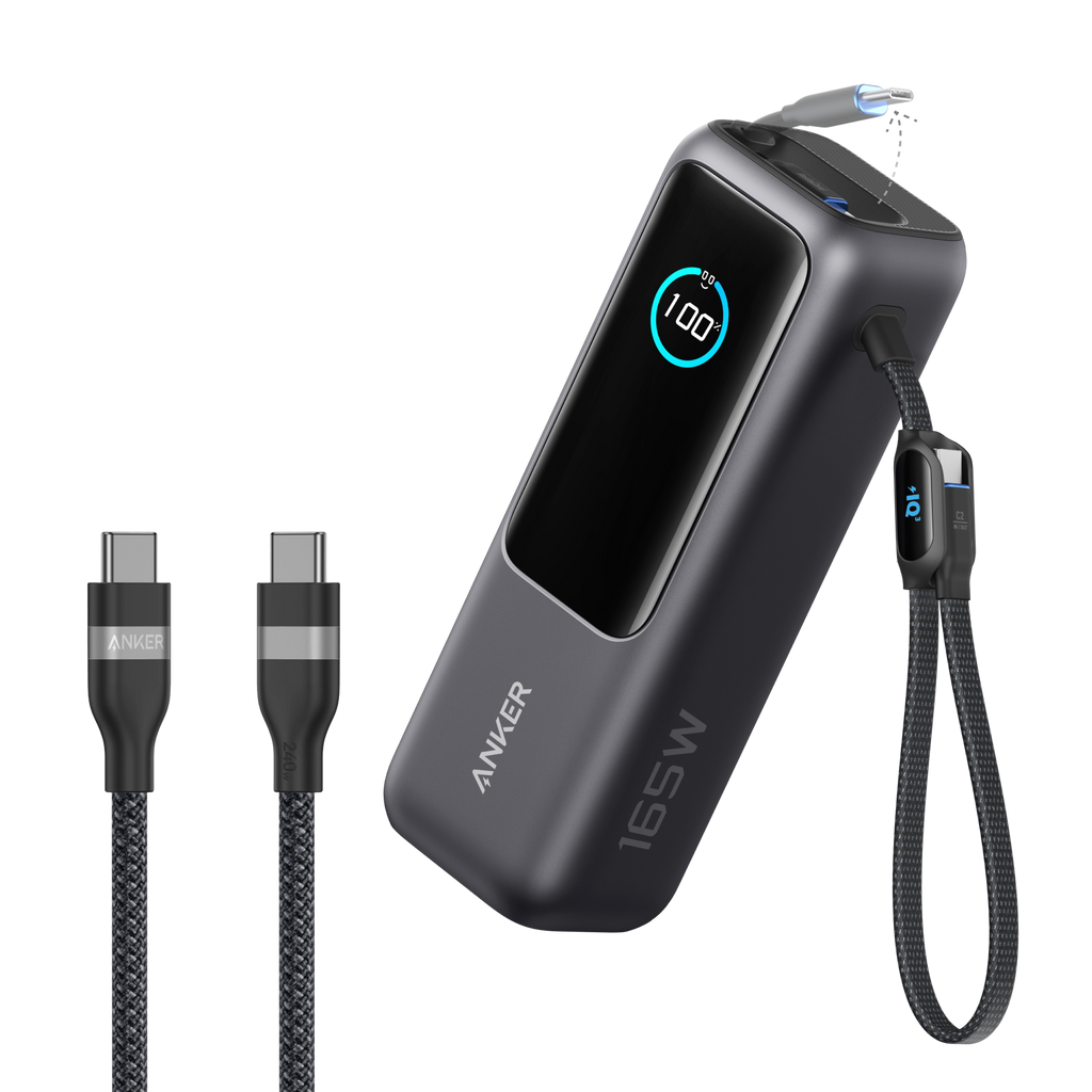 Anker Laptop Power Bank (25K, 165W, Built-In and Retractable Cables) and Anker USB-C to USB-C Cable (6 ft, 240W, Upcycled-Braided) K4 Black / Power Bank + 3ft Cable