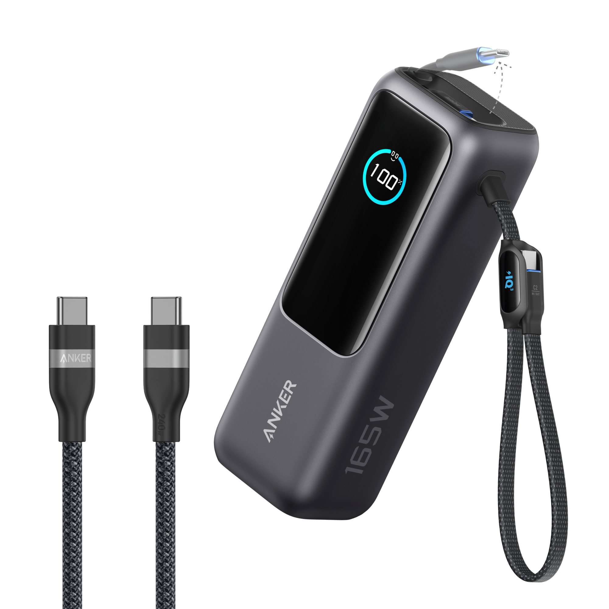 Anker Laptop Power Bank (25K, 165W, Built-In and Retractable Cables) and Anker USB-C to USB-C Cable (6 ft, 240W, Upcycled-Braided) K4 Black / Power Bank + 3ft Cable