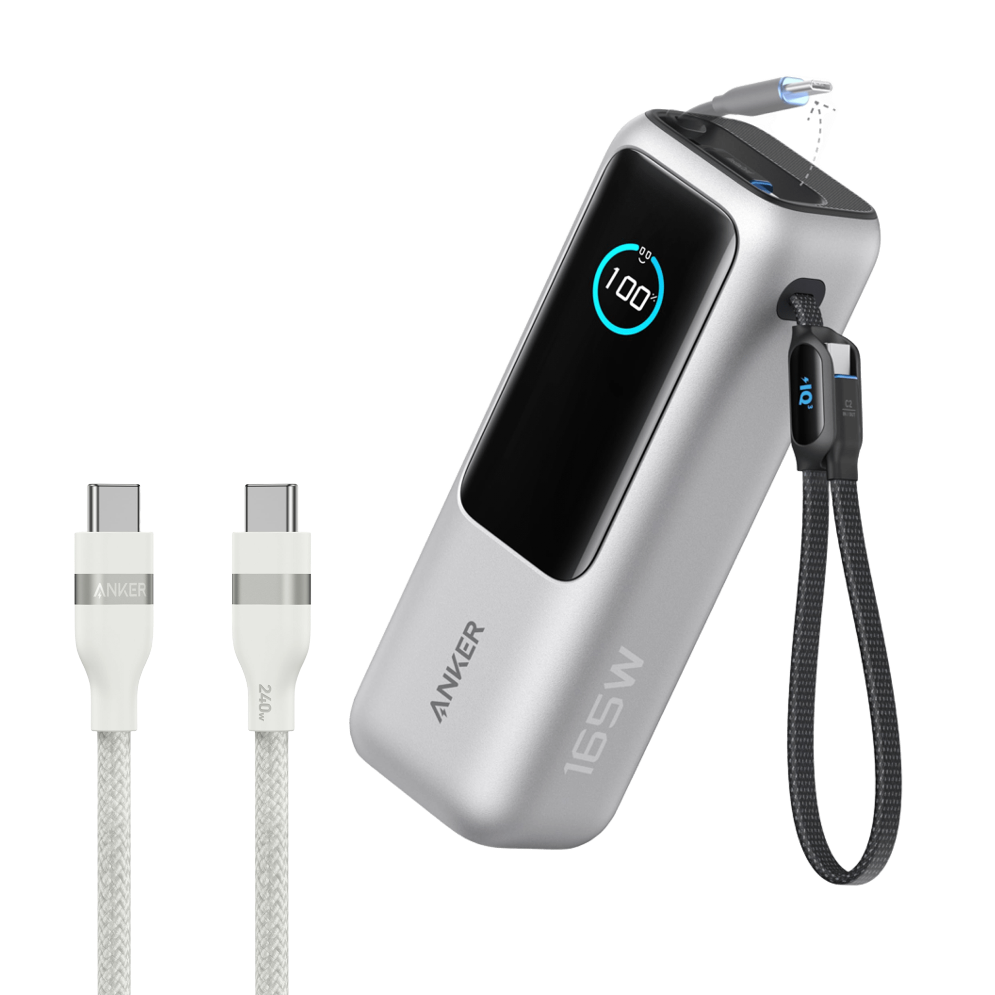 Anker Laptop Power Bank (25K, 165W, Built-In and Retractable Cables) U9 Silver / Power Bank + 3ft Cable