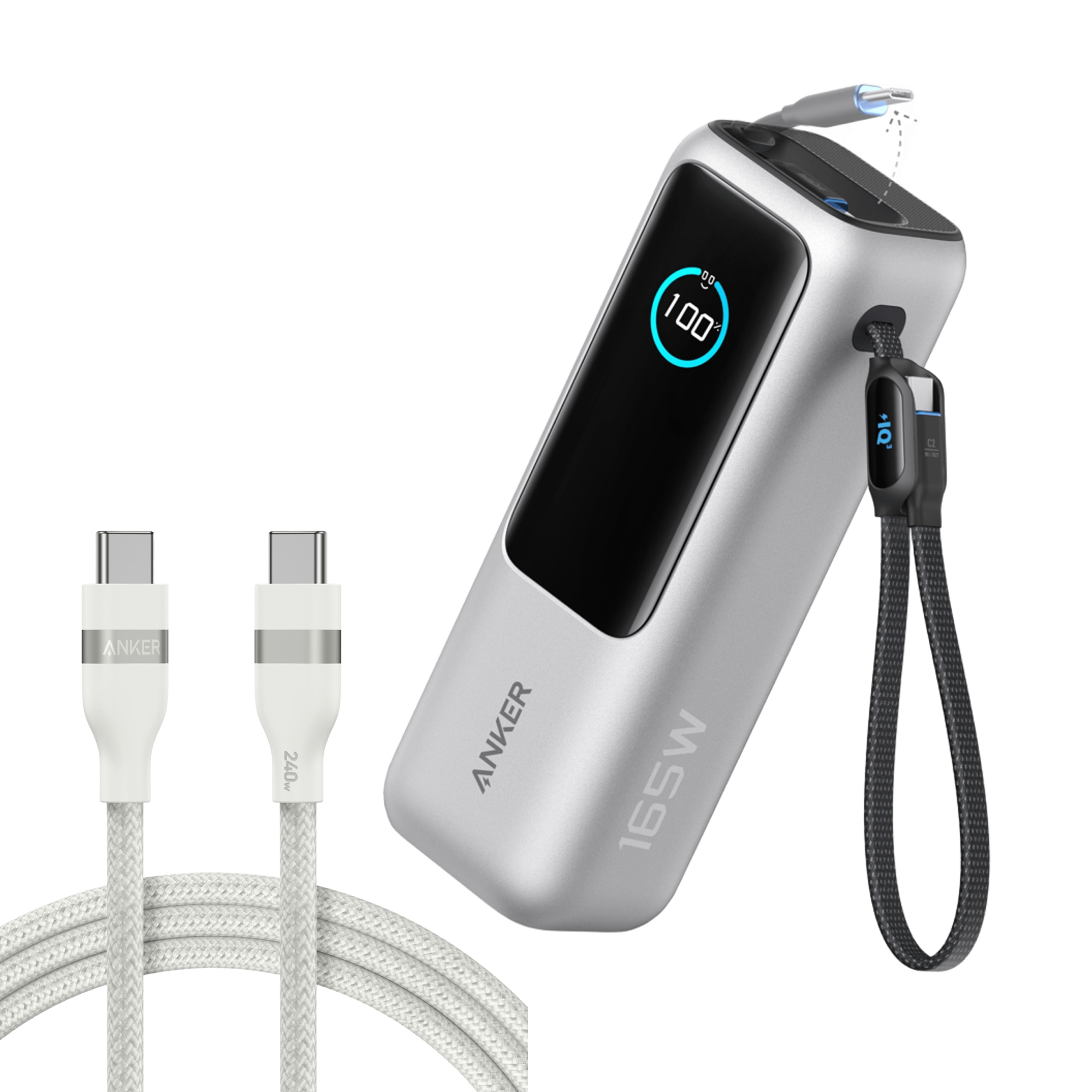 Anker Laptop Power Bank (25K, 165W, Built-In and Retractable Cables) U9 Silver / Power Bank + 6ft Cable