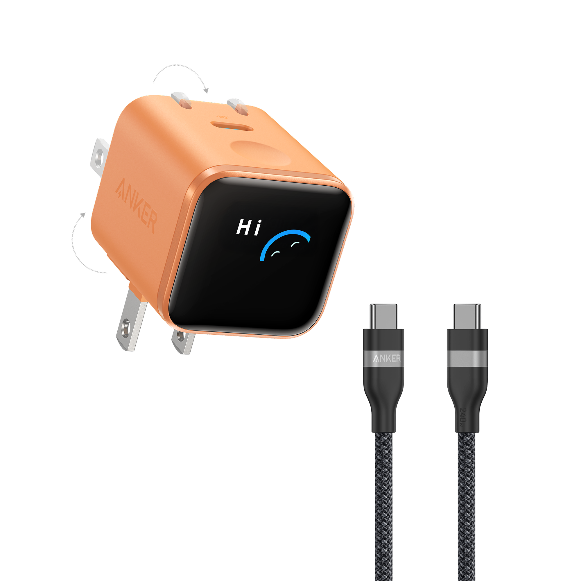 Anker Nano Charger (45W, Smart Display, 180° Foldable) and USB-C to USB-C Cable K0 3 ft / Orange