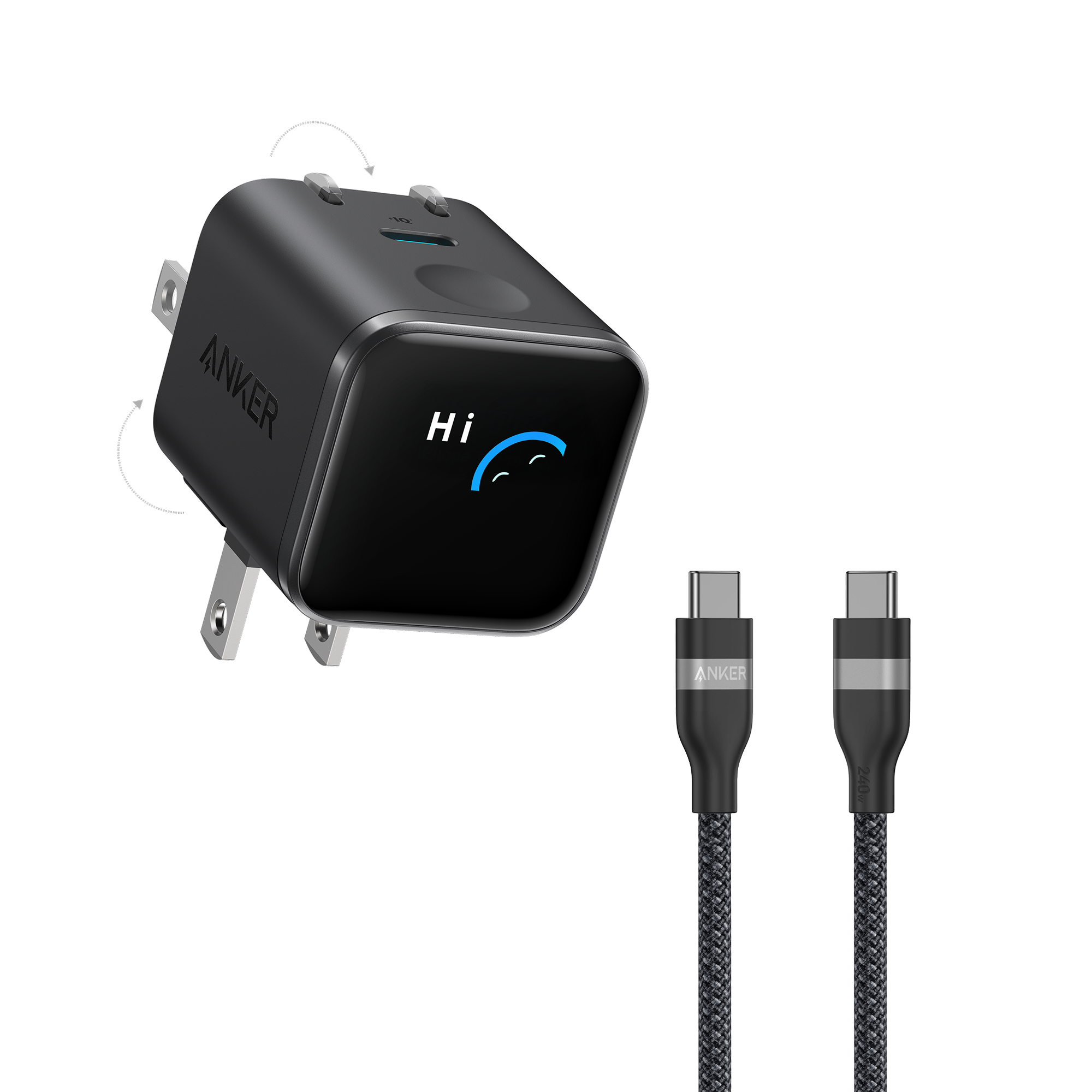 Anker Nano Charger (45W, Smart Display, 180° Foldable) and USB-C to USB-C Cable K0 3 ft / Black Stone