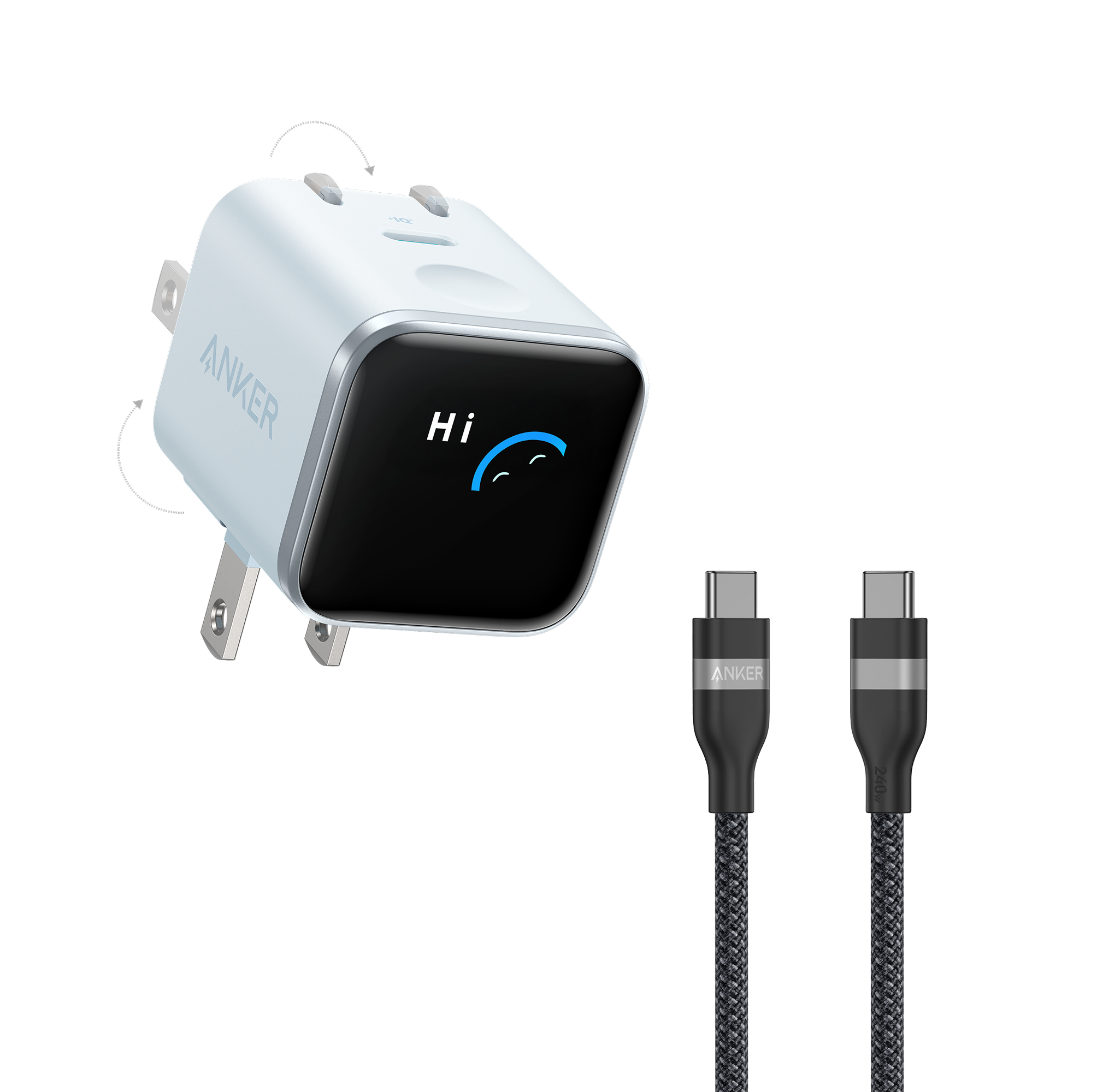 Anker Nano Charger (45W, Smart Display, 180° Foldable) and USB-C to USB-C Cable K0 3 ft / Misty Blue