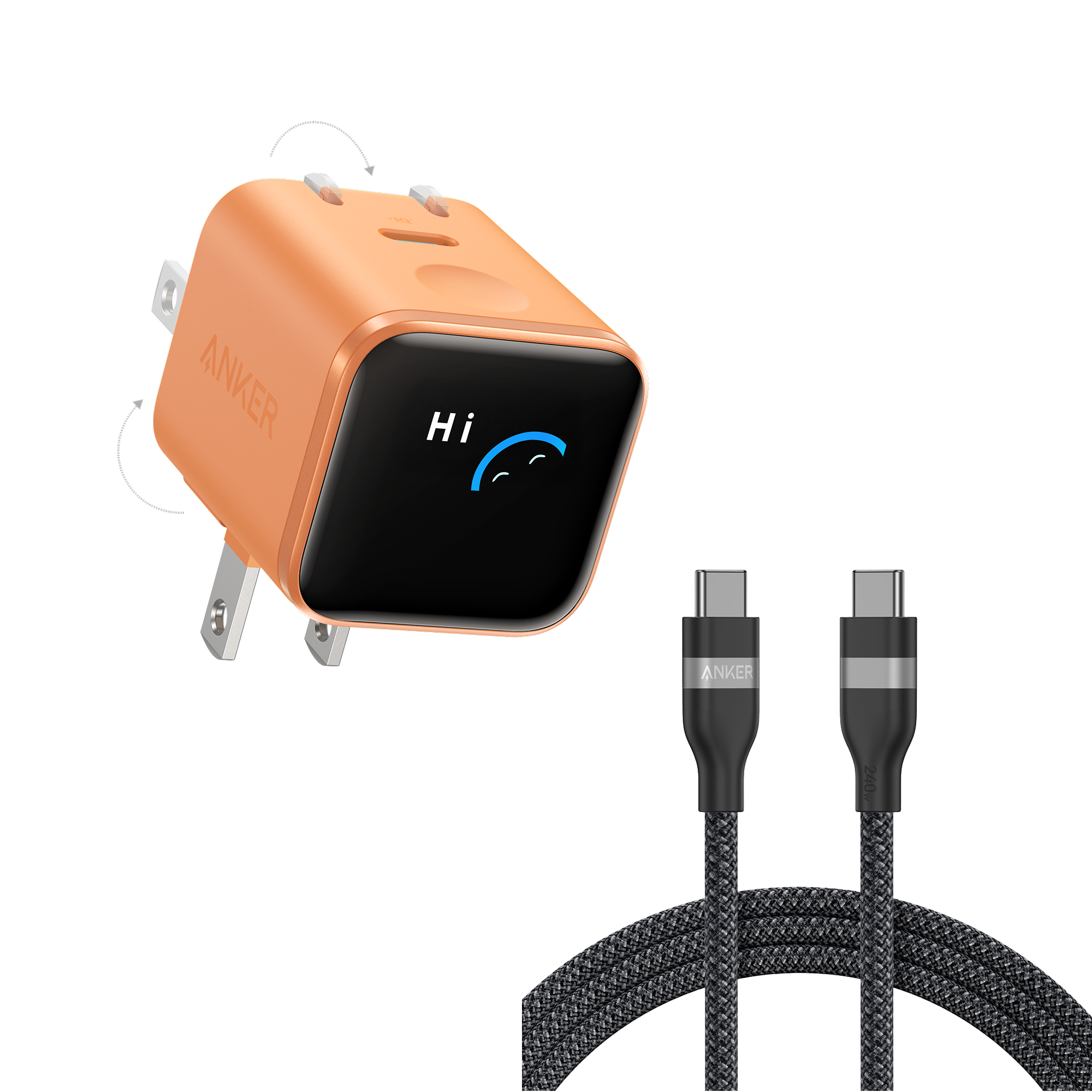 Anker Nano Charger (45W, Smart Display, 180° Foldable) and USB-C to USB-C Cable K0 6 ft / Orange