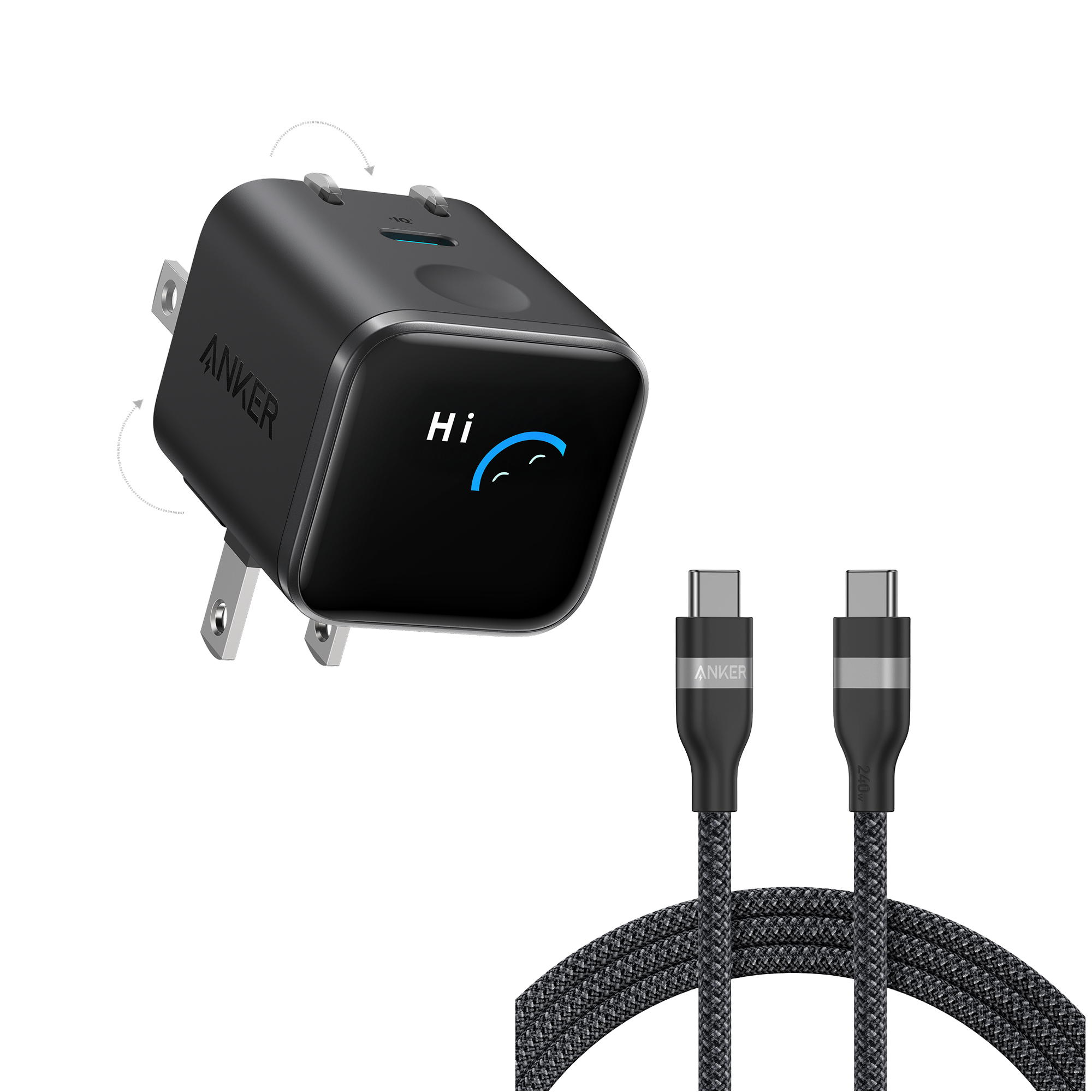 Anker Nano Charger (45W, Smart Display, 180° Foldable) and USB-C to USB-C Cable K0 6 ft / Black Stone