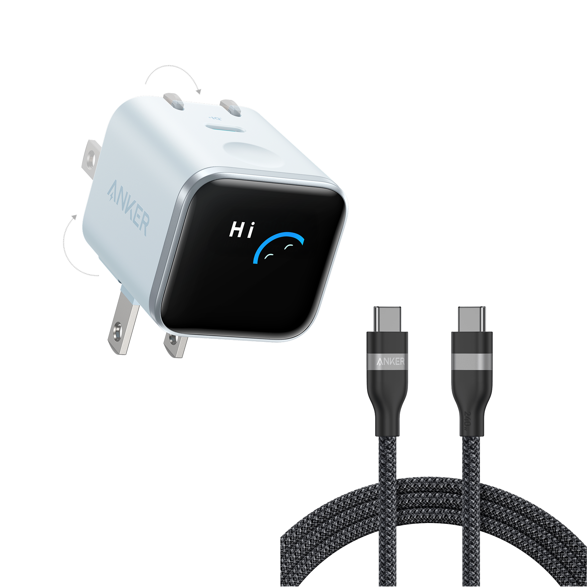Anker Nano Charger (45W, Smart Display, 180° Foldable) and USB-C to USB-C Cable K0 6 ft / Misty Blue