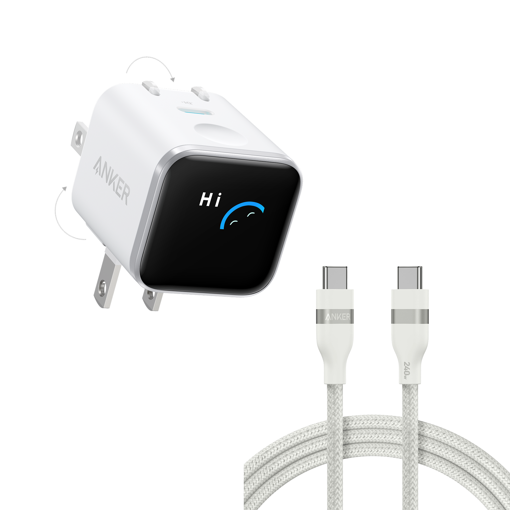 Anker Nano Charger (45W, Smart Display, 180° Foldable) and USB-C to USB-C Cable K0 6 ft / Aurora White