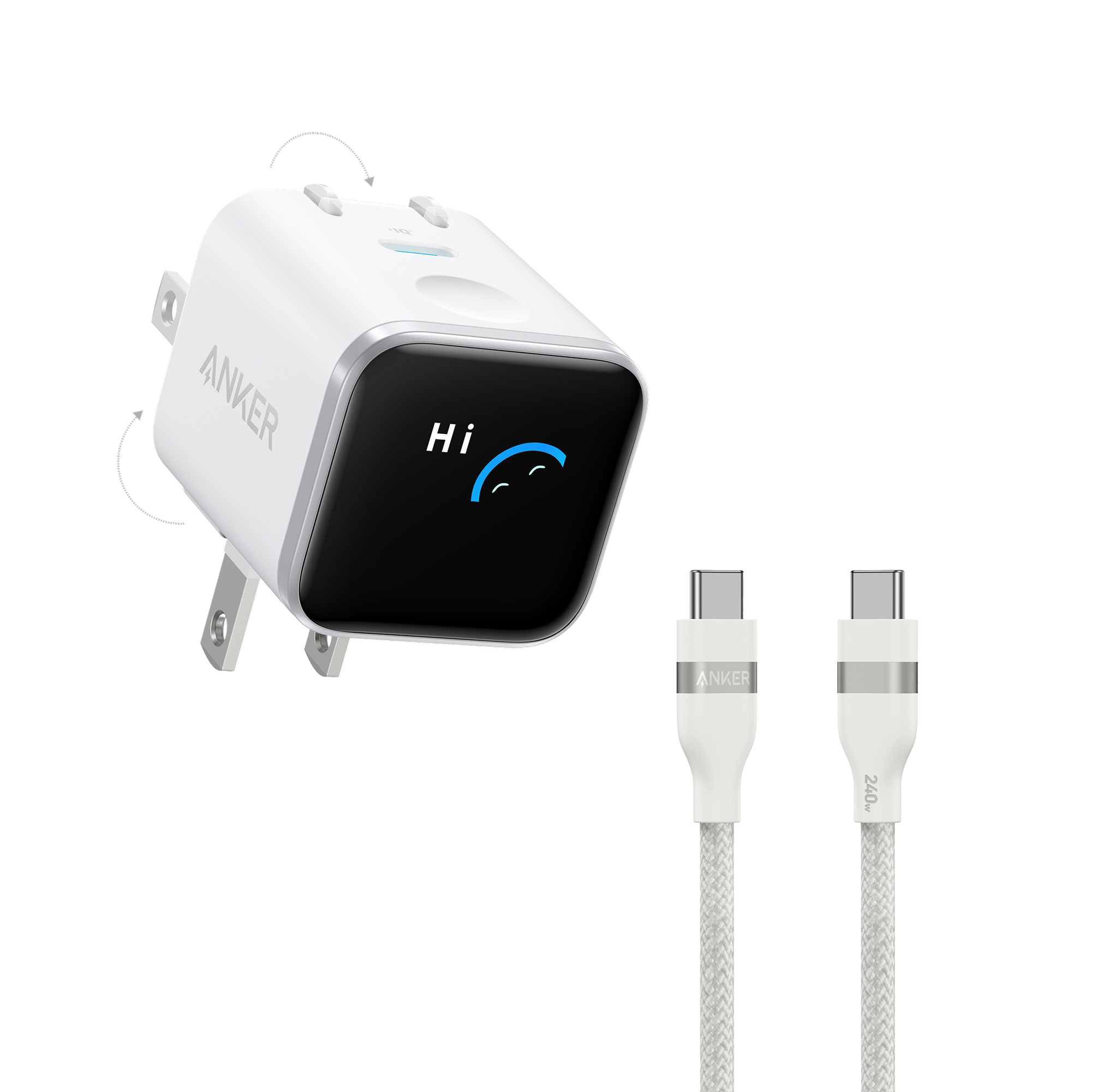 Anker Nano Charger (45W, Smart Display, 180° Foldable) P3 White + 3 ft Cable | 1-Pack Each