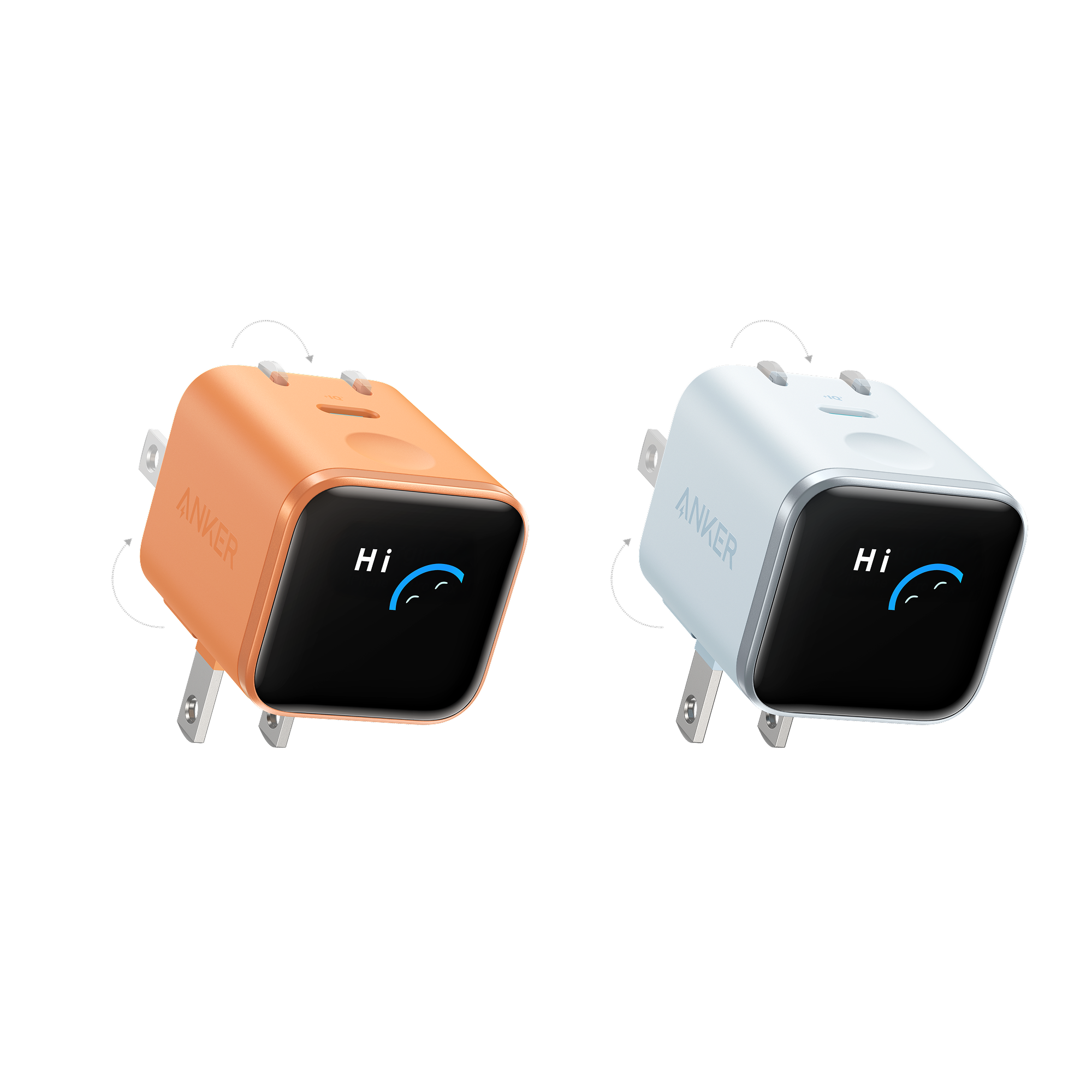 Anker Nano Charger (45W, Smart Display, 180° Foldable) P3 Orange + Blue | 1-Pack Each