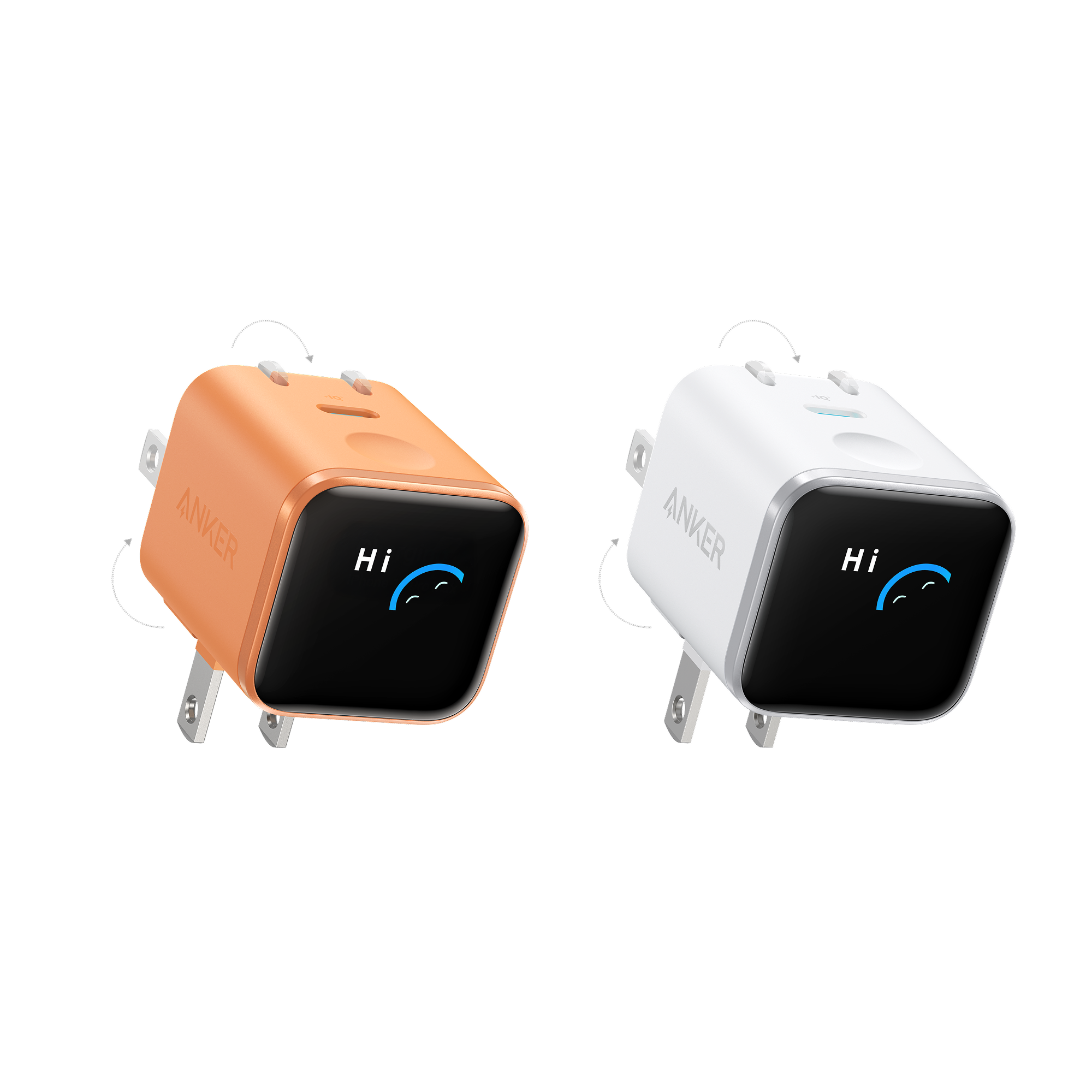 Anker Nano Charger (45W, Smart Display, 180° Foldable) P3 Orange + White | 1-Pack Each