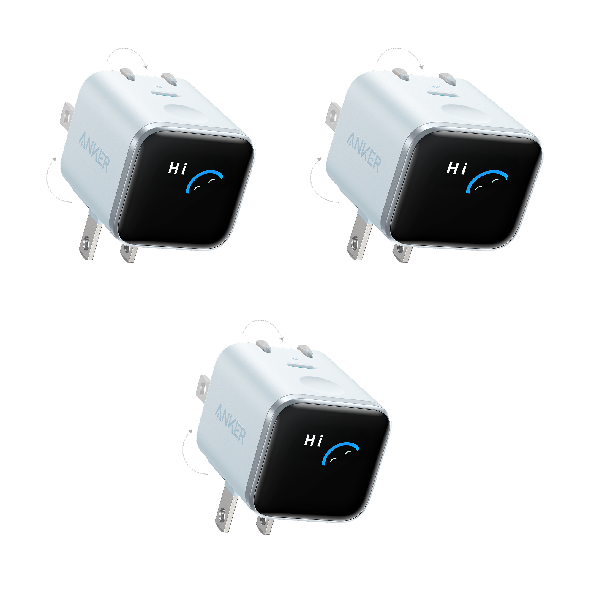 Anker Nano Charger (45W, Smart Display, 180° Foldable, 3-Pack) T6 Misty Blue