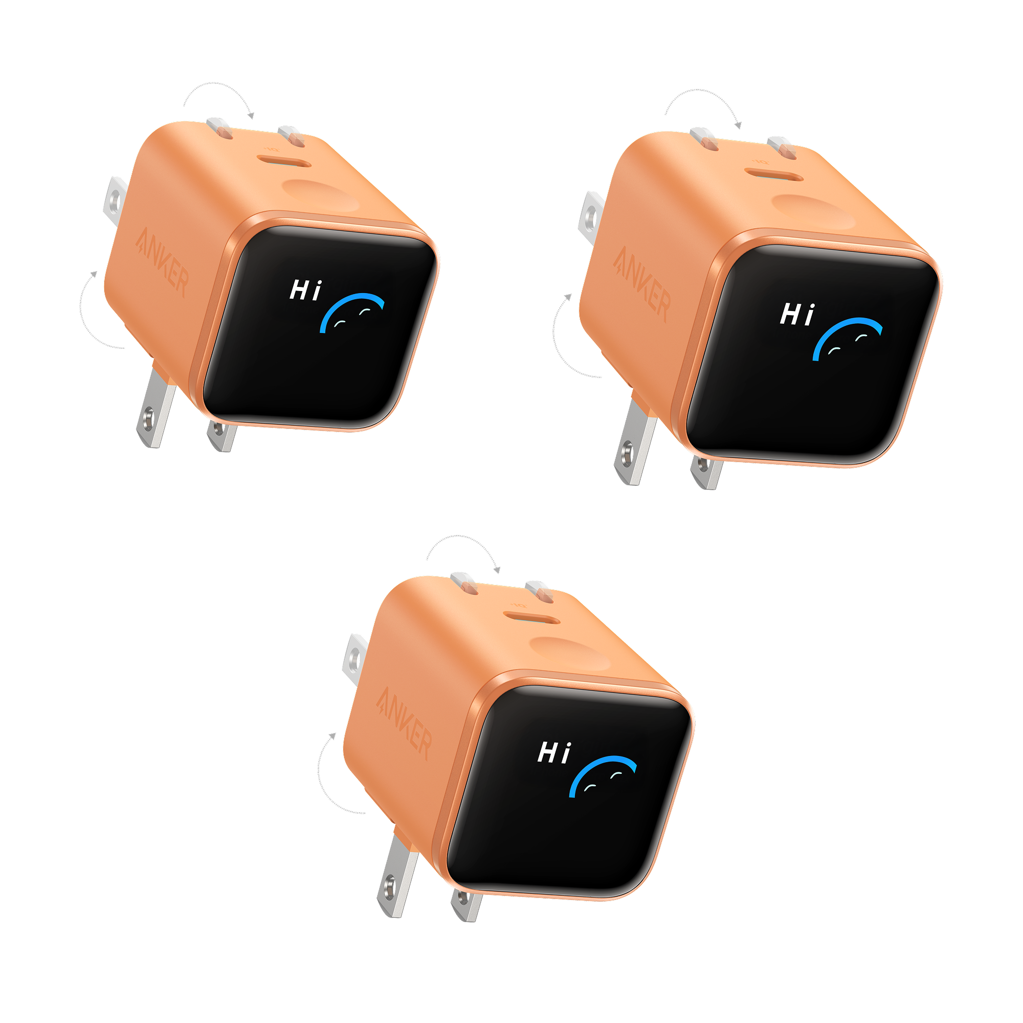 Anker Nano Charger (45W, Smart Display, 180° Foldable, 3-Pack) T6 Orange