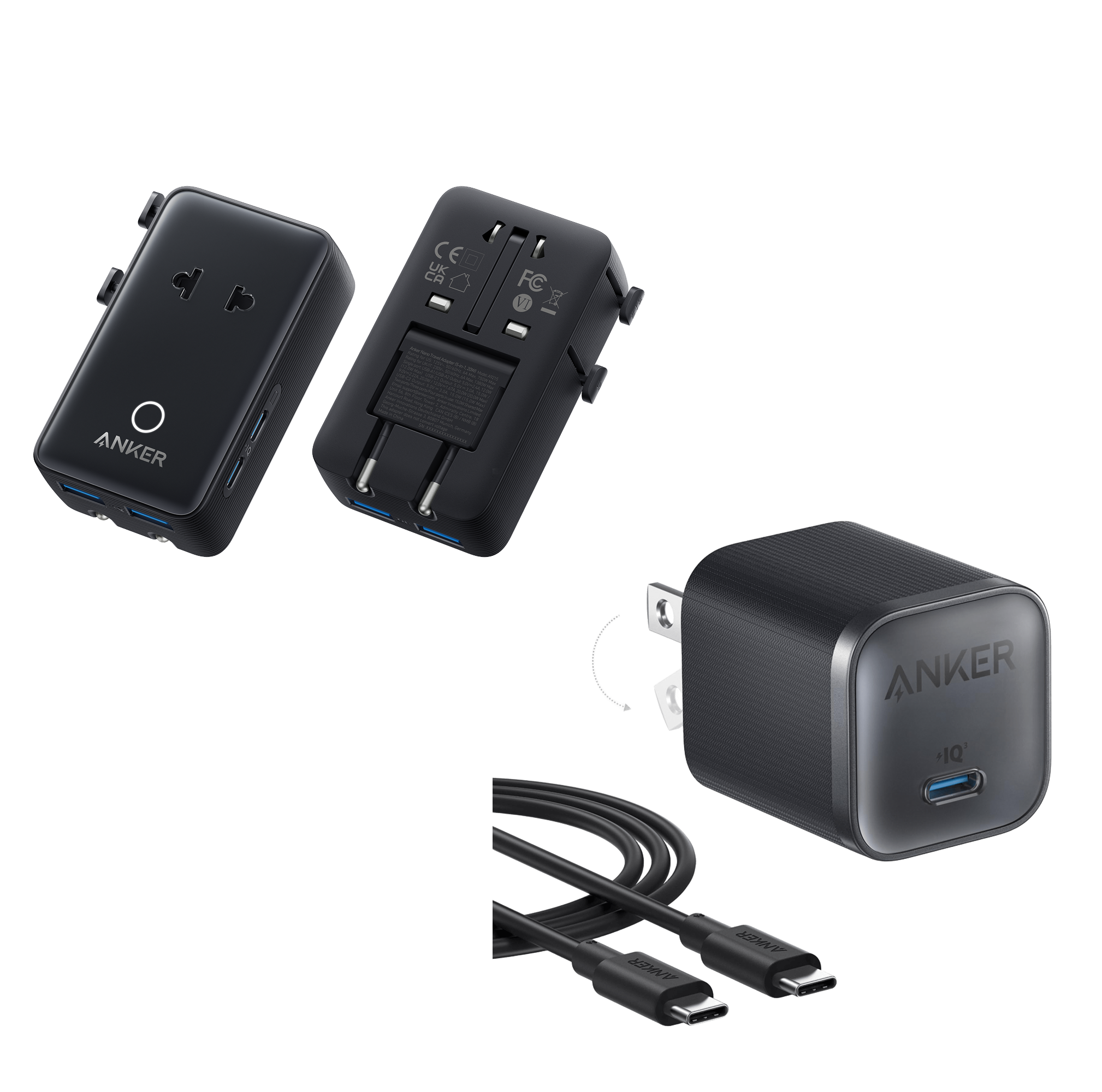 Anker Nano Travel Adapter (5-in-1, 20W, 1-Pack) and Anker Nano Charger (45W) with USB-C to USB-C Cable M3 Black