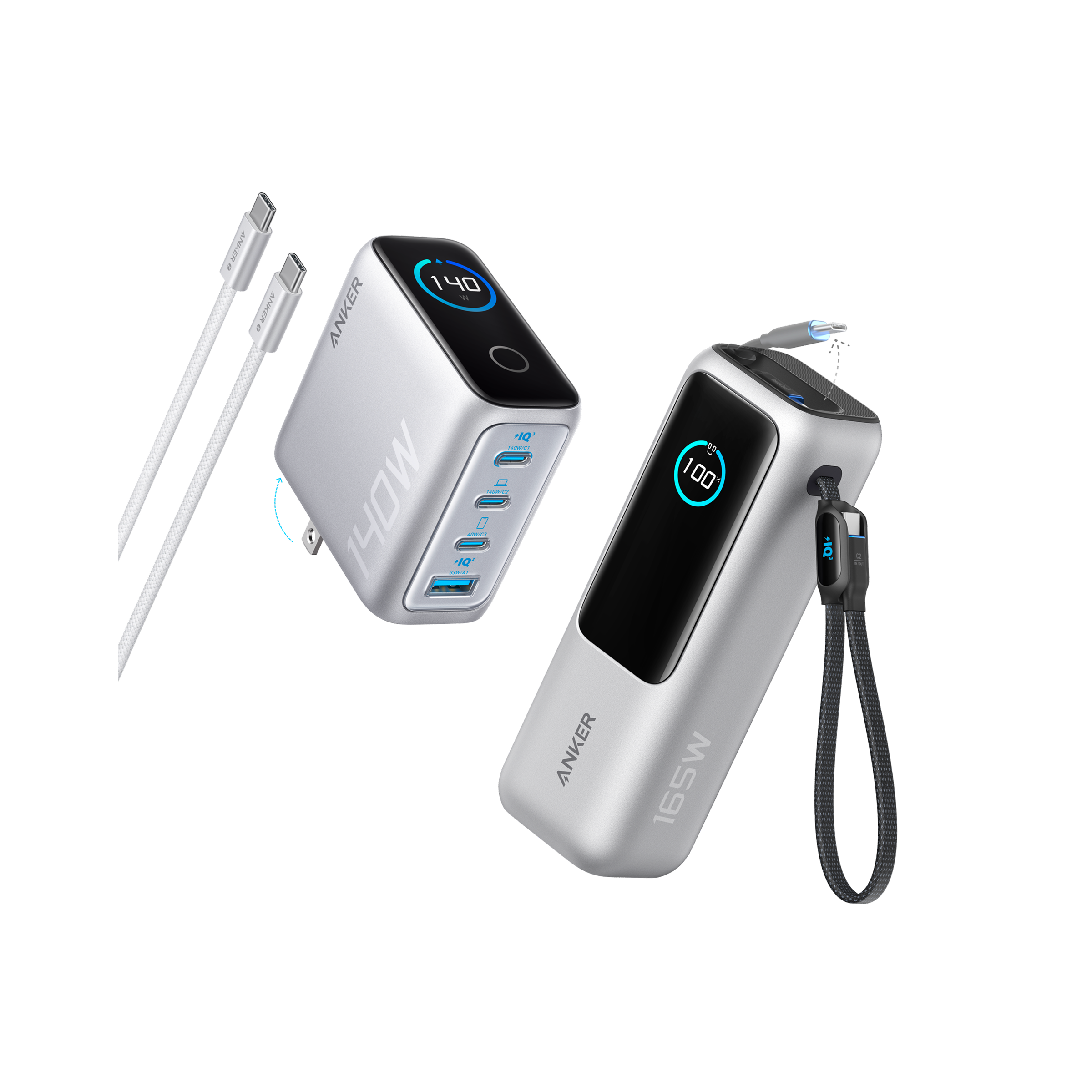 Anker Laptop Power Bank (25K, 165W, Built-In and Retractable Cables) U9 Silver / Power Bank + Charger